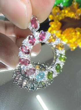 天然水晶碧玺吊坠925银镶嵌女款满镶套链彩虹锁骨链精致