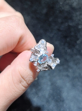 天然水晶宝石海蓝宝女戒，s 925银镶嵌，活口可调节