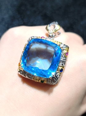 天然水晶宝石蓝托帕石吊坠s925银镶嵌意大利简约工艺深邃蓝