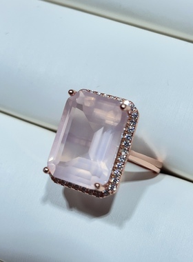 天然水晶芙蓉石粉水晶星光粉戒指s925纯银镶嵌活口女戒大颗粒戴妃