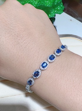 天然蓝宝石手链925纯银镶嵌女款可调节蓝色宝石珠宝首饰送人礼物