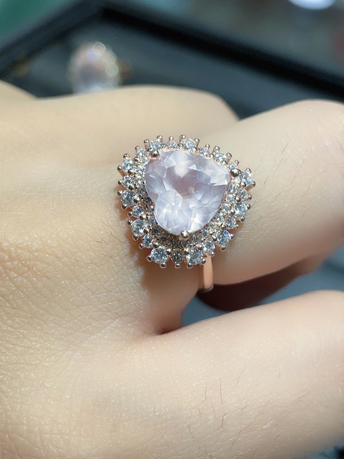 天然水晶宝石芙蓉石戒指粉水晶指环爱心粉色活口s925银电镀玫瑰金