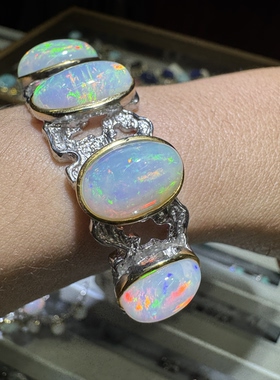 天然欧泊手镯925银镶嵌意大利工艺满镶女款活口多颗粒