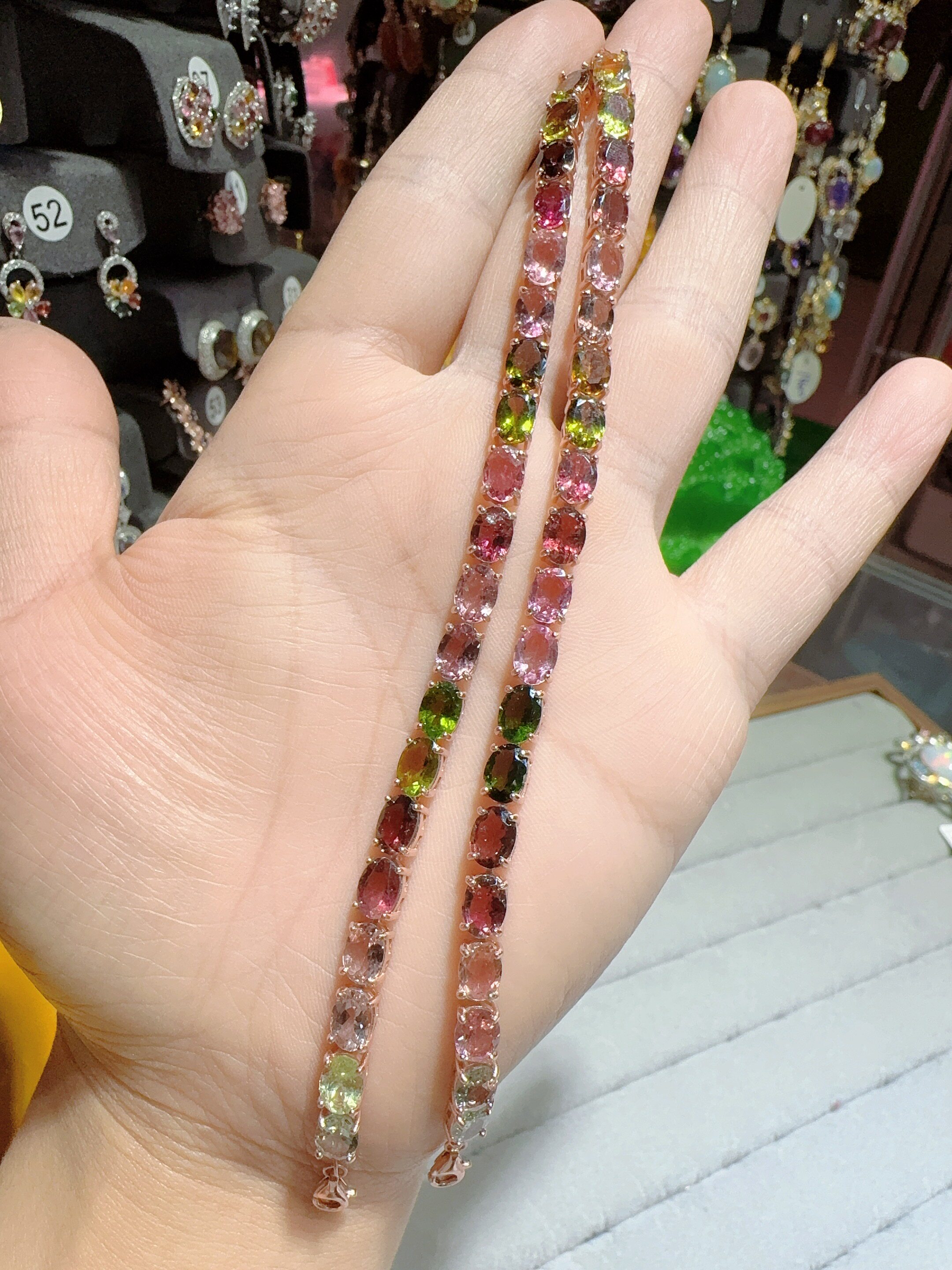 天然水晶碧玺手链925银镶嵌女款满镶套链彩虹链大颗粒5&times;7mm