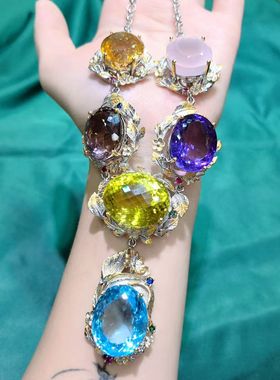 天然水晶多宝石紫水晶黄水晶托帕石吊坠s925银工艺镶嵌意工