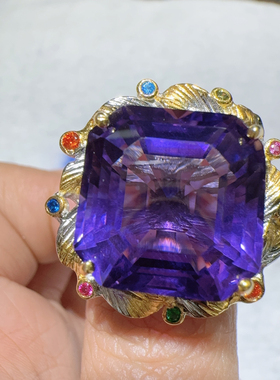 天然水晶戒指925纯银镶嵌紫水晶意大利工艺大颗粒时尚气质百搭