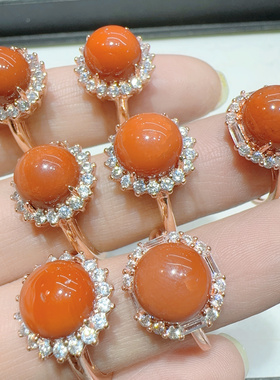 天然南红戒指本命年红色戒指原矿无优化精工镶嵌女款活口圆形