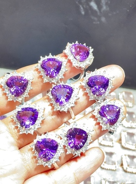 天然紫水晶戒指s925纯银镶嵌活口女款爱心豪镶大气大颗粒彩宝食指