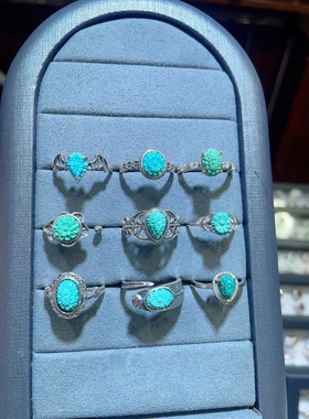 天然绿松石格桑花戒指s925银镶嵌复古款文玩湖北绿松活口女款