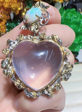 天然水晶粉水晶吊坠925银镶嵌体颜色好意大利工艺女款桃心