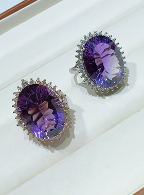 天然紫水晶戒指女纯银镶嵌时尚气质百搭925银大戒面紫色宝石彩宝