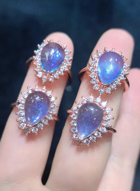 天然水晶宝石海蓝宝女戒，晶体蓝透，活口可调节