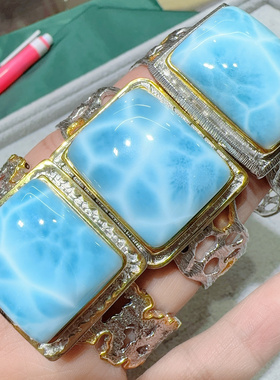 天然水晶海纹石意大利工艺镶嵌超大手镯925纯银拉利玛宝石女款