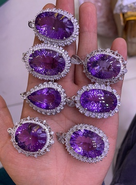 天然紫水晶吊坠大颗粒925纯银镶嵌锁骨链豪镶水晶宝石毛衣链