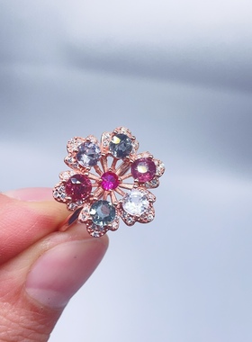 天然尖晶石戒指s925纯银镶嵌活口女款花朵指环玫瑰金彩宝多色