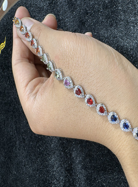 纯天然彩色蓝宝石手链蛋面彩虹色糖果色颗颗全净体满圈蓝宝石手链