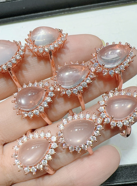 天然粉晶戒指女粉水晶戒指全净体颜色好玫瑰金色镶嵌活口星光