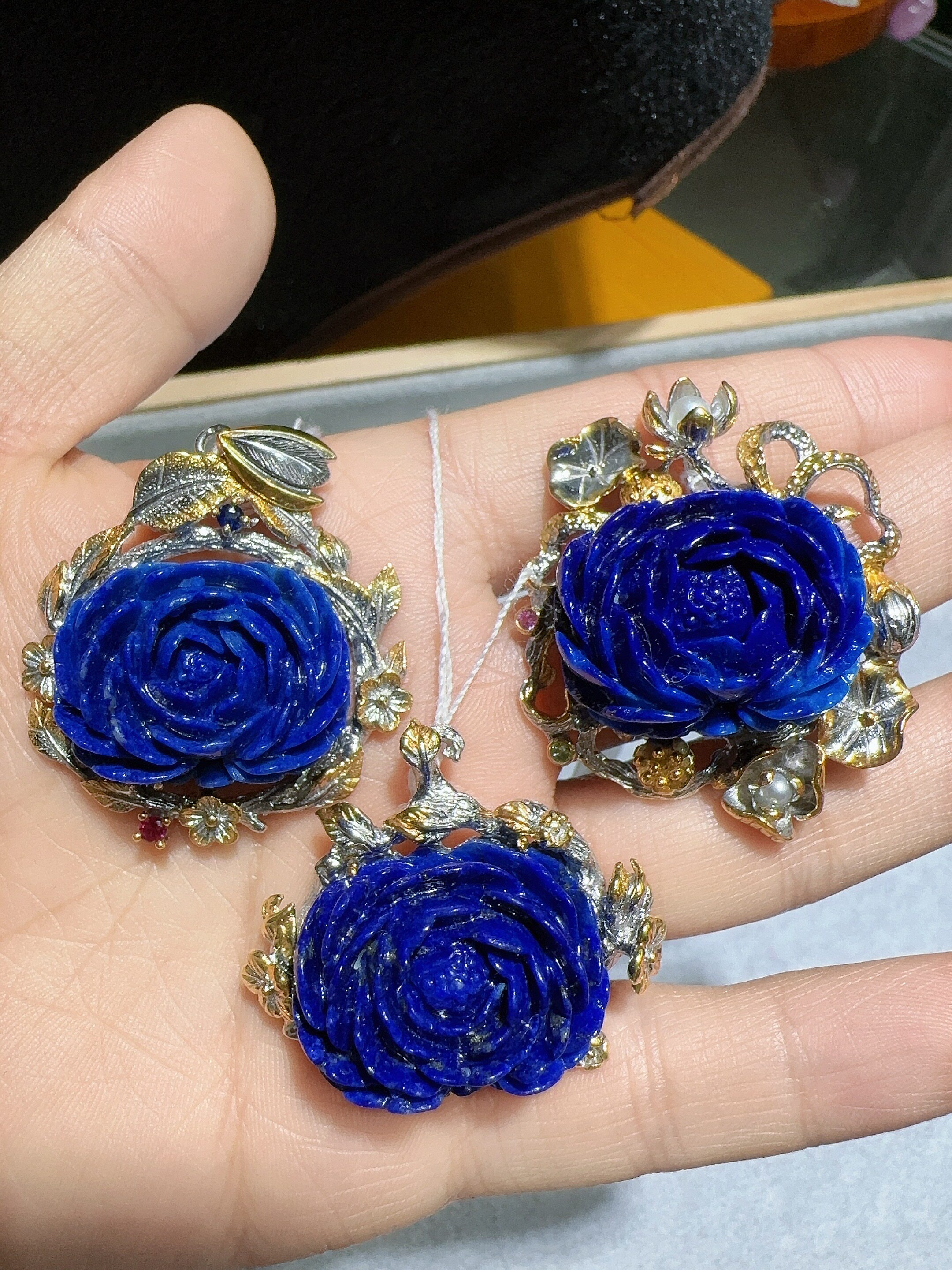 天然青金石玫瑰花吊坠925银镶嵌意大利工艺大颗粒蓝色毛衣链