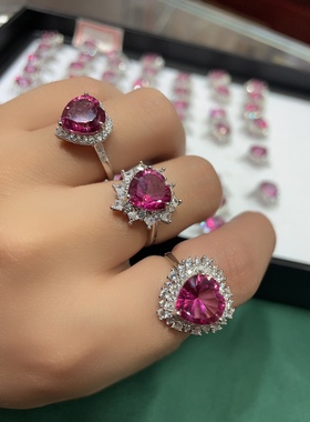 天然水晶红色托帕石爱心戒指s925纯银镶嵌活口女款大戒面豪镶