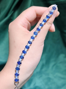 天然水晶宝石蓝宝石手链，s925银镶嵌
