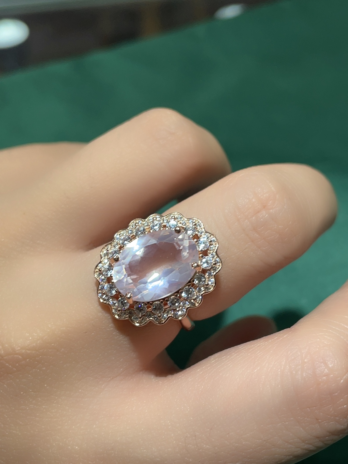 天然水晶冰种芙蓉石戒指粉水晶戒指s925银镀玫瑰金镶嵌活口女款