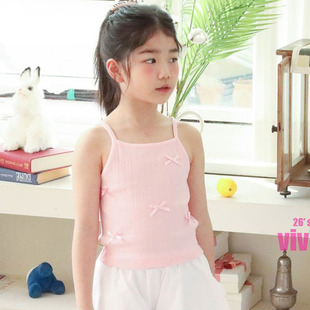 童装 26夏中大女童上衣973 VIVIELLY韩国代购 儿童蝴蝶结纯色吊带衫