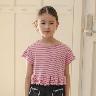 26夏款 女童小童条纹短款 儿童008 童装 URBAN韩国代购 木耳边短袖 T恤