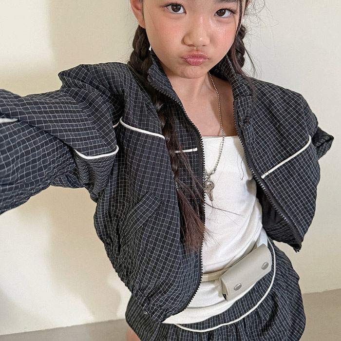 中大童女童格子立领拉链外套COMMA韩国代购童装26春款儿童夹克605
