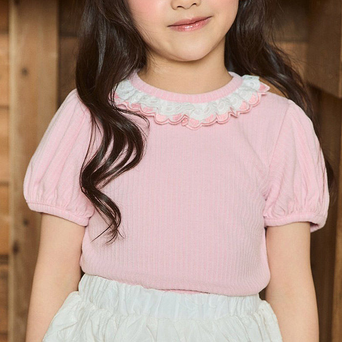 小童女童刺绣花边领公主短袖T恤BBB韩国代购进口童装26夏上衣2261