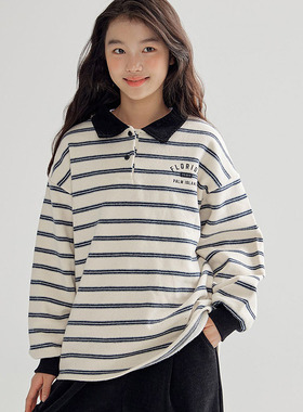 DAWON中大女童条纹翻领长袖T恤 韩国童装代购25冬儿童POLO衫098