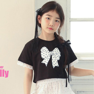 童装 26夏中大女童上衣973 T恤VIVIELLY韩国代购 儿童蝴蝶结蕾丝短袖