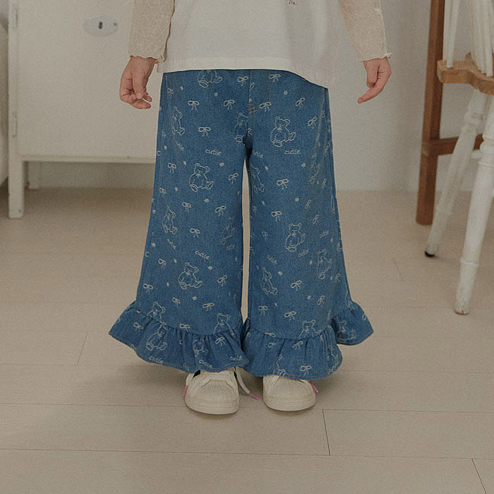 女童小童蝴蝶结小熊荷叶边牛仔裤 MELIKEY韩国代购童装26秋款659
