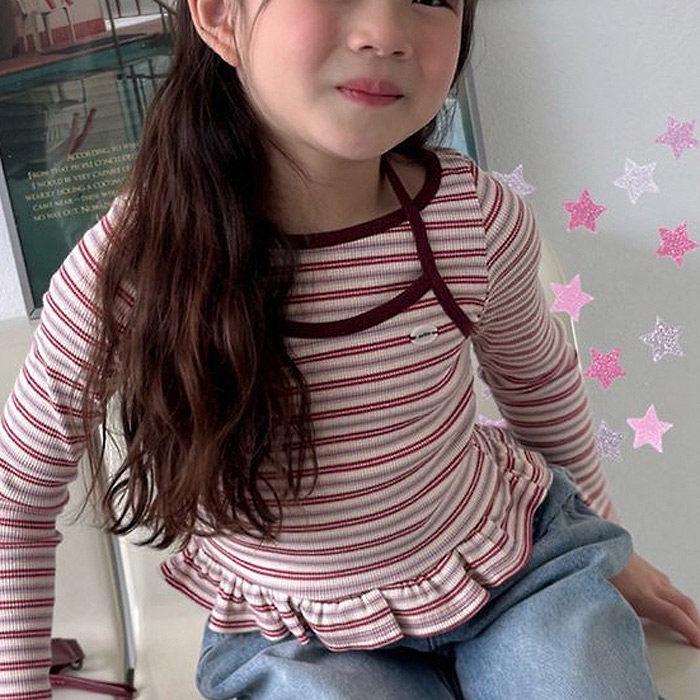 中大童女童短款条纹菲边假两件T恤 MATILDA韩国代购童装26秋款986