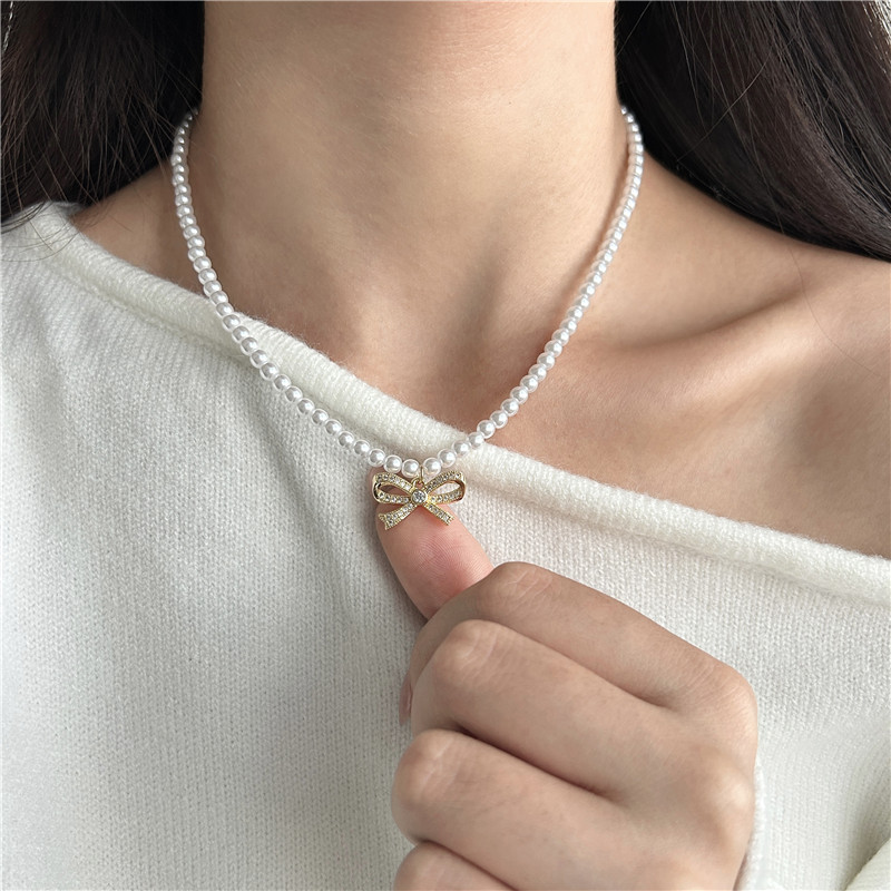 新款仿珍珠蝴蝶结项链女款