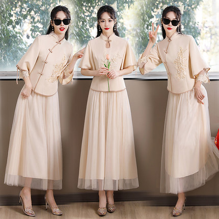 中式气质伴娘服两件套2024旗袍姐妹团显瘦香槟色礼服中国风复古女