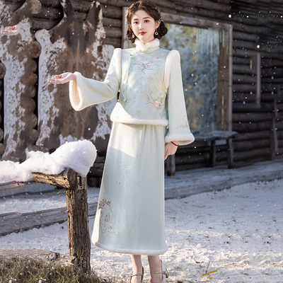 布尚新款缎面凤仙花刺绣马甲内搭半裙旗袍套装小清新少女旗袍裙