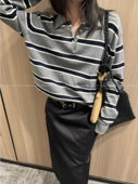 韩国lach 女 针织衫 miu系少女知识分子分 撞色条纹Polo衫