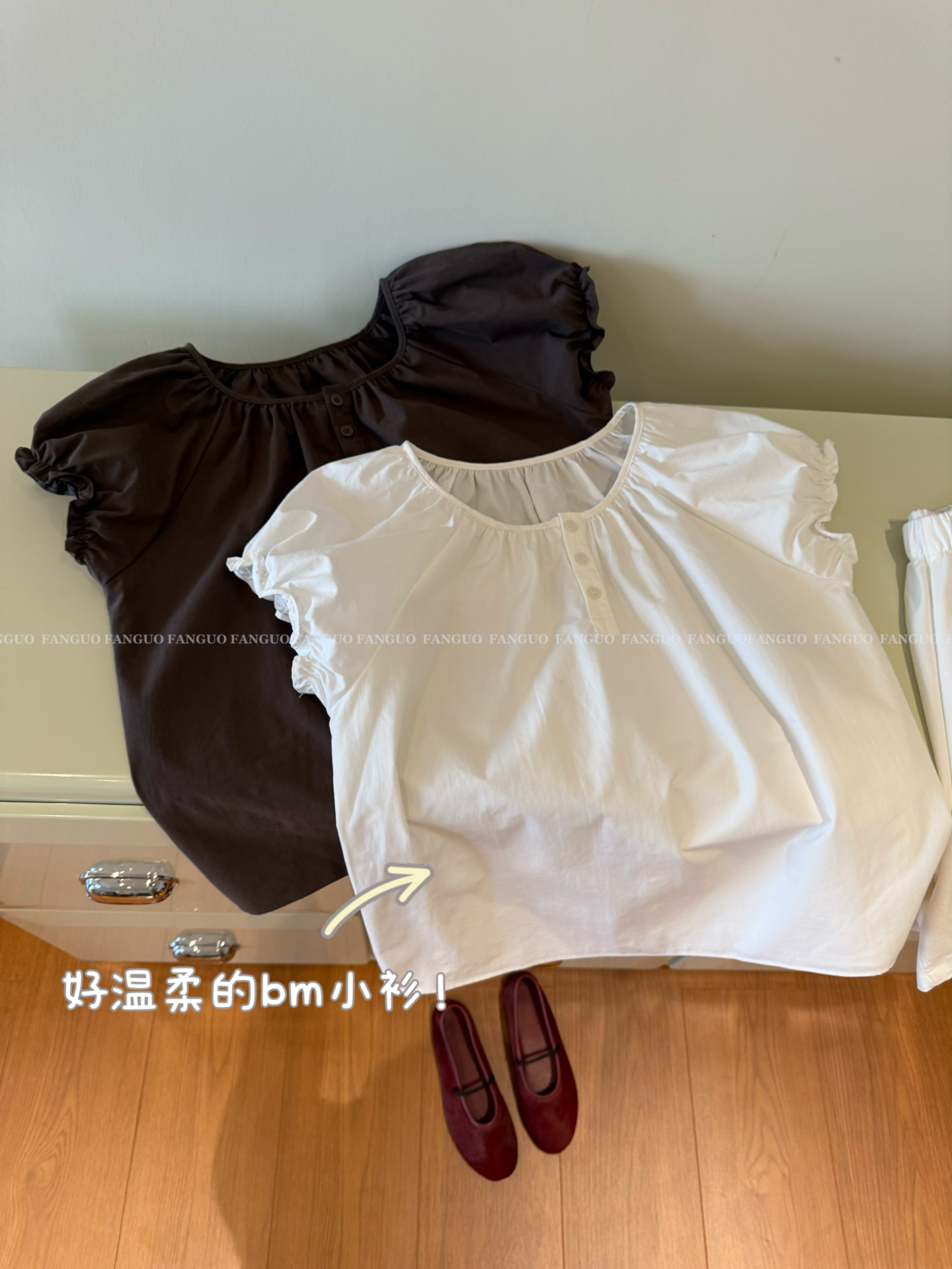 韩国oun*e 软妹风小个子棉质亨利衫系扣泡泡袖衬衫短袖娃娃衫包邮