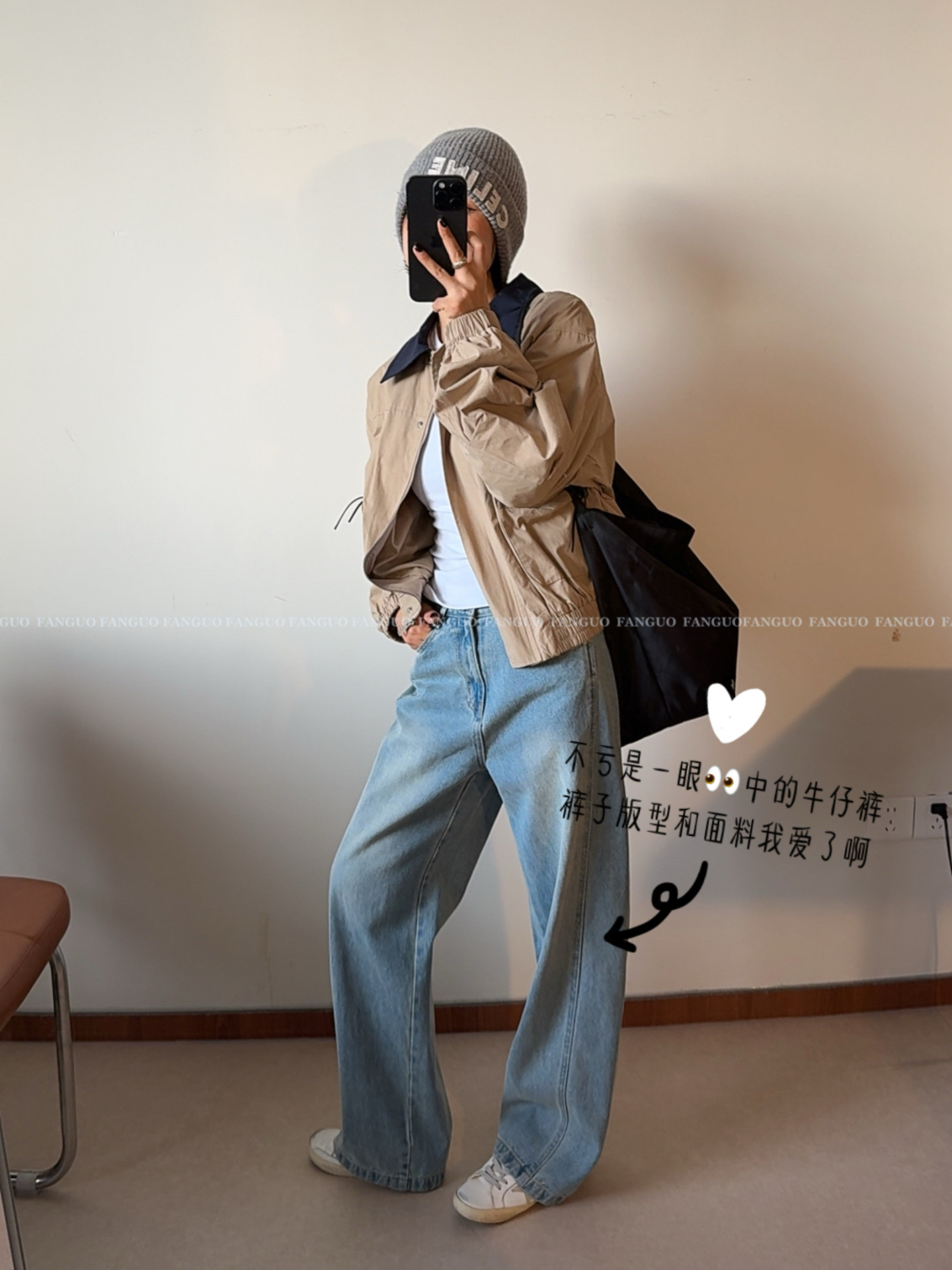 韩国原厂！设计师款 小皮扣复古做旧浅蓝泛白立体裁剪直筒牛仔裤