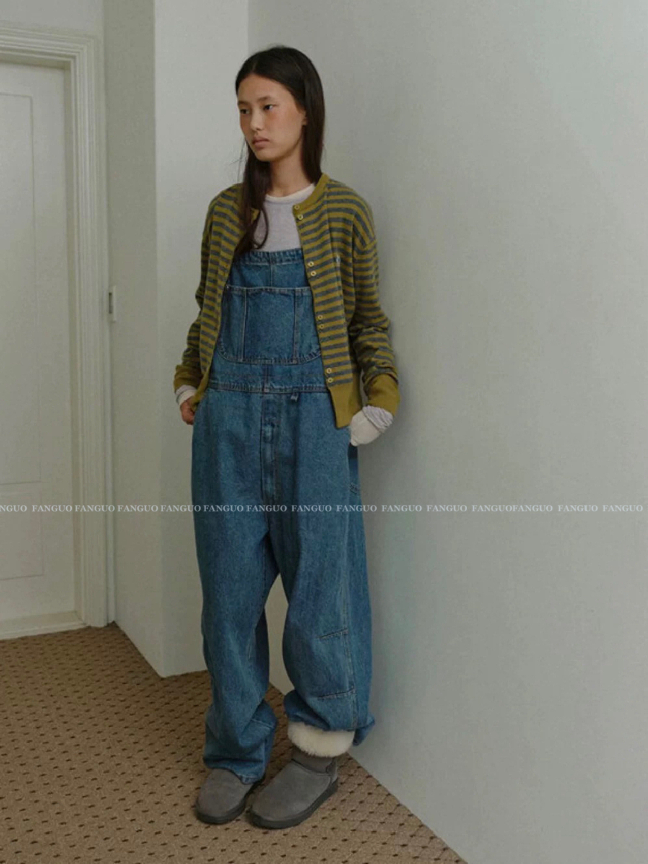 No*ntent 韩国设计师款 羊毛混纺纱线复古条纹针织衫开衫毛衣