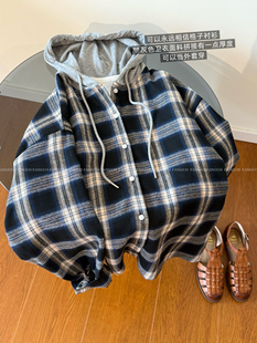 【蛋家】韩国call my name 春款连帽格子衬衫宽松休闲外套女