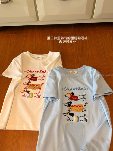 博主安利 巨减龄～立体腊肠狗刺绣 百搭显瘦正肩短袖T恤包邮