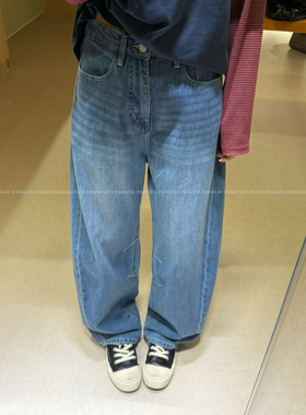 设计师款 复古做旧浅蓝色弯刀牛仔裤女春款