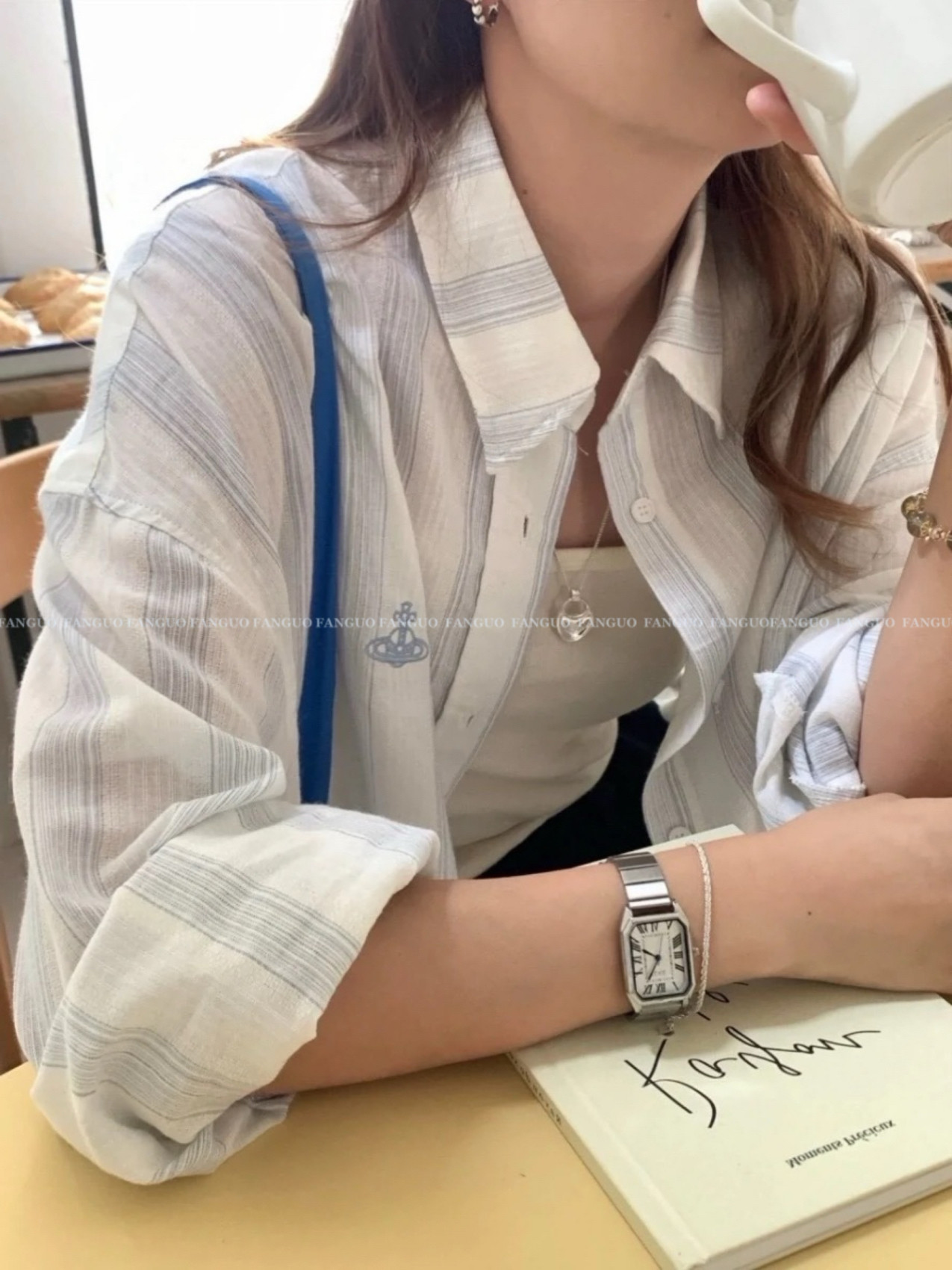 【随意慵懒风】海盐土星刺绣蓝色条纹 轻薄长袖衬衫外套防晒衫,女装/女士精品,衬衫,淘宝优惠券,粉丝福利购,淘宝优惠卷