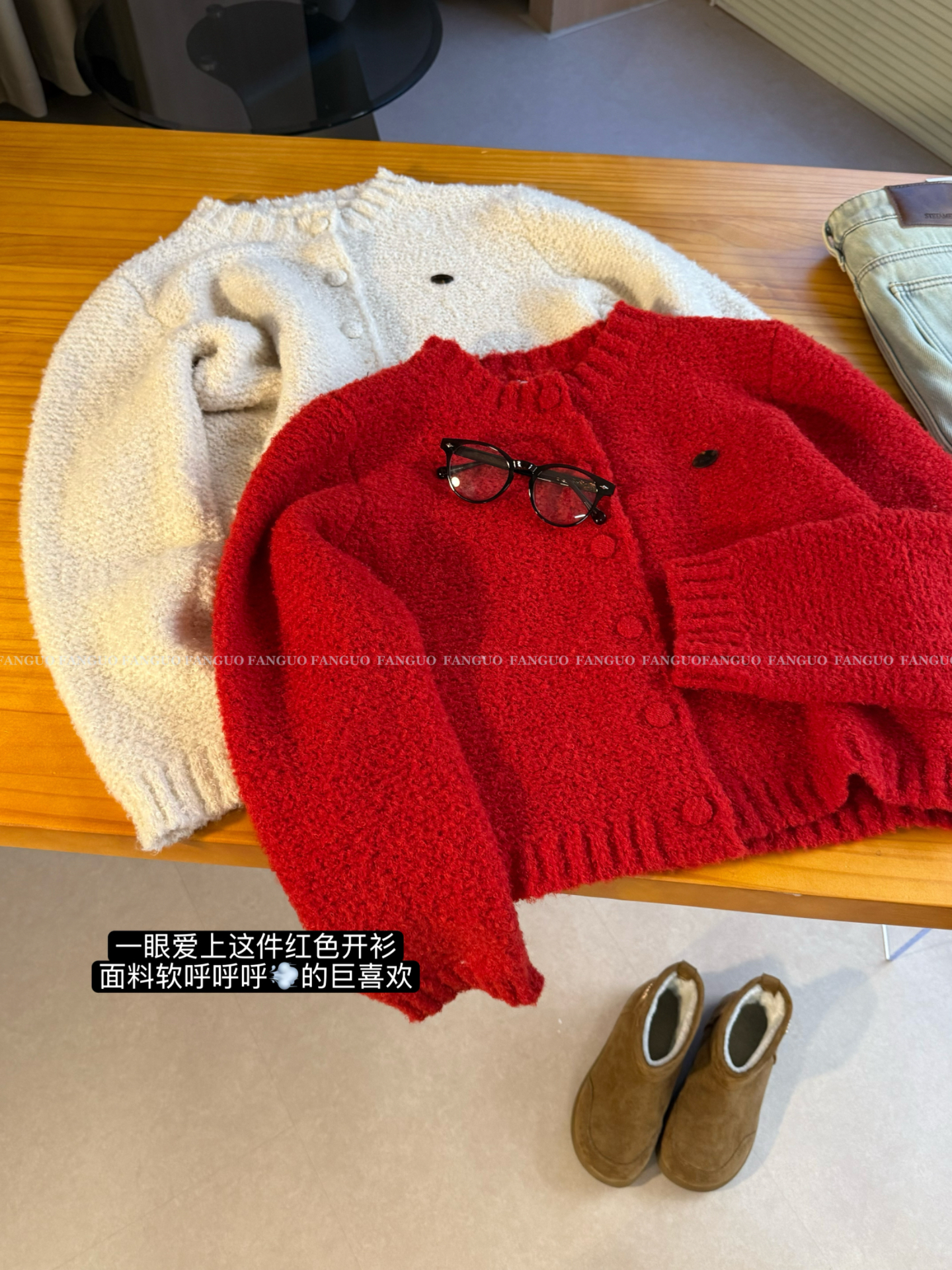 韩国FURE 圈圈纱 复古温柔甜美气质圆领小标短款针织开衫女