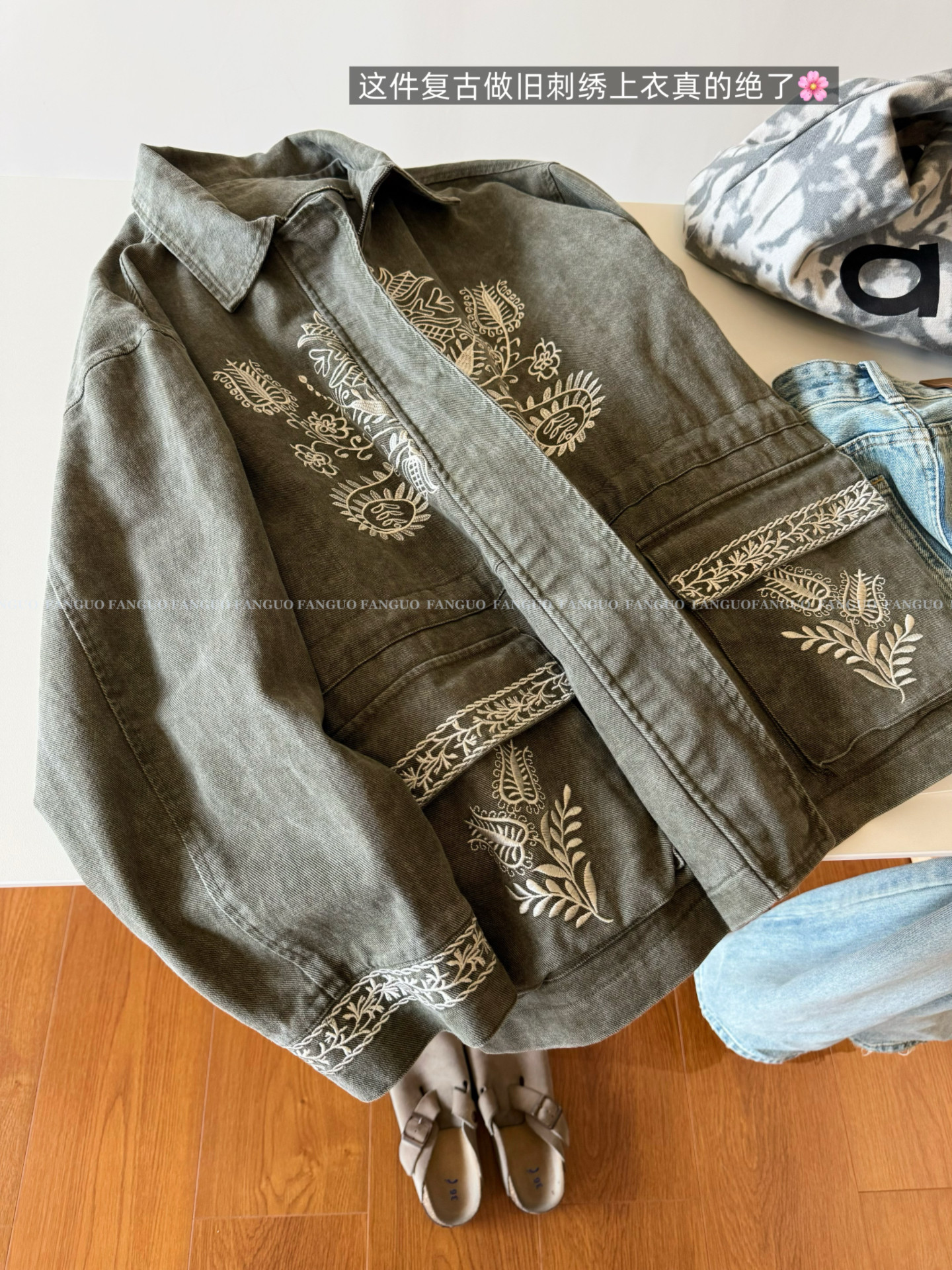 重磅古着风vintage 重工刺绣花朵水洗做旧复古美式工装外套包邮