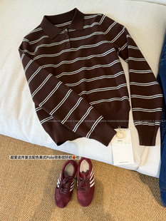 pepper* miu感正肩显瘦复古美式休闲Polo领条纹针织毛衣女包邮