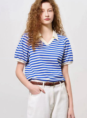 韩国原单！gener*美式复古少女 Polo领泡泡袖条纹短袖T女