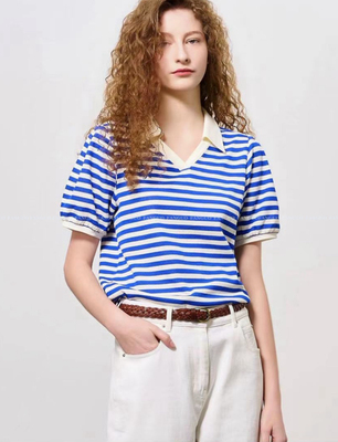 韩国原单！gener*美式复古少女 Polo领泡泡袖条纹短袖T女