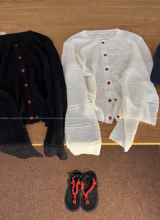 防晒衫 空调衫 女 洋气撞色扣子镂空钩花针织衫 天丝亚麻莱塞尔